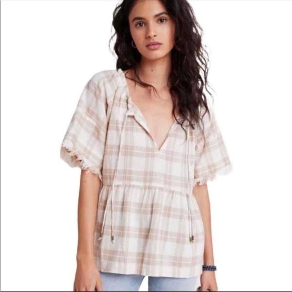 Pilcro Anthropologie Fringe Peplum Plaid Short Sleeve Blouse Boho Festival Small